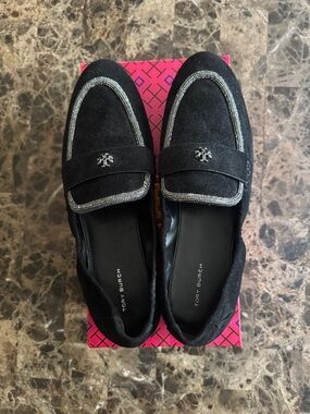 Brand New Tory Burch Black Suede Loafers with Crystal Piping